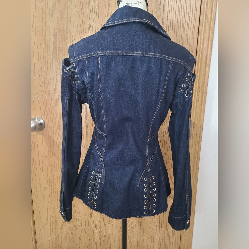 Lace Up Denim Corset Bustier Peplum Cutout Shoulder Jean Jacket Sydney Sweeney - Picture 4 of 5